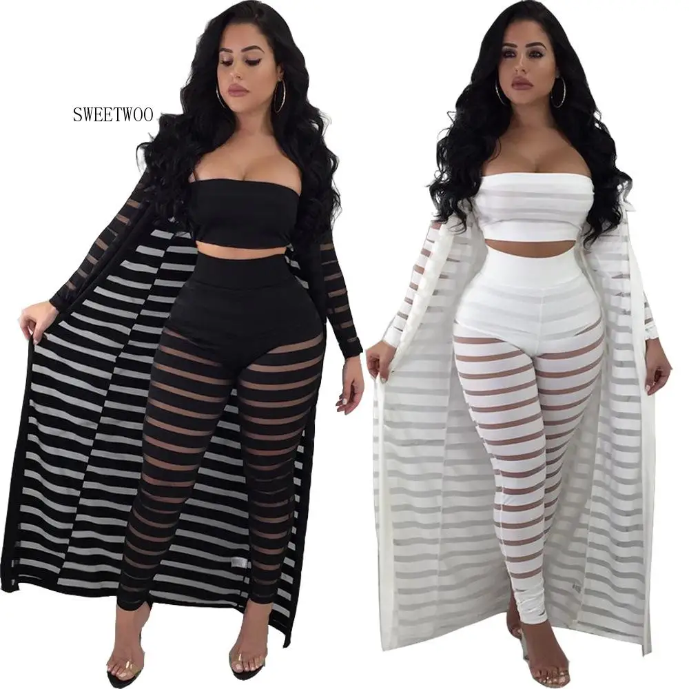 Женский сетчатый костюм тройка в полоску привлекательный облегающий без