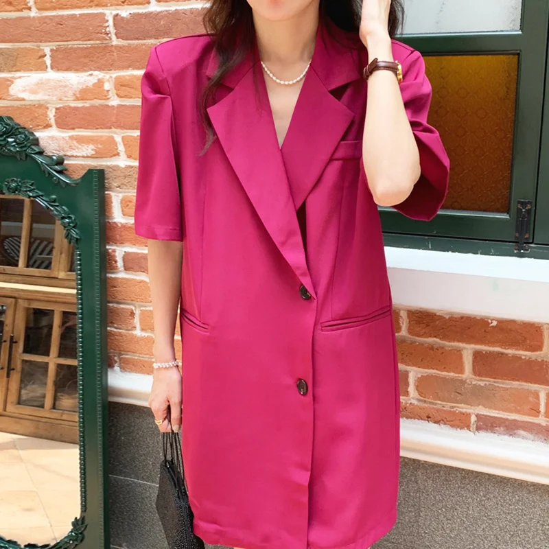 

Korean Chic Dress Summer Rose Skin Lapel Loose Casual Two Button Short Sleeve Suit Dress Skirt