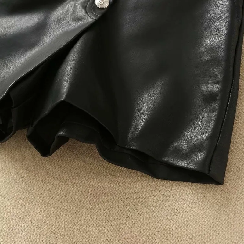 

Alldoke Spring Summer 2021 Black Pu Leather Short Women High Waist Button Fly Asymmetry Shorts Ladies Sexy Pu Shorts Feminino