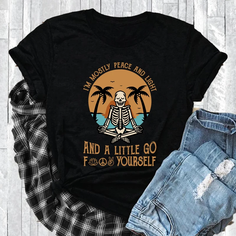 

Colored I'm Mostly Peace And Light T-shirt Funny Namastay Skeleton Goth Tshirt Aesthetic Women Graphic Beach Yoga Tee Top