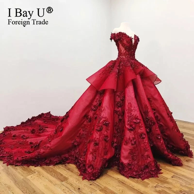 

Свадебное платье бордового цвета с кружевной аппликацией и 3D цветами, многоярусная фатиновая юбка, бальное платье с бисером, платье невесты...