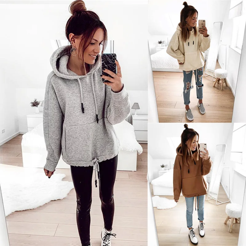 Женская толстовка с карманами Повседневная однотонная Толстовка большого