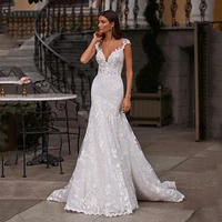 sumnus lace mermaid wedding dresses appliques v neck cap sleeves boho beach wedding gown custom made 2021