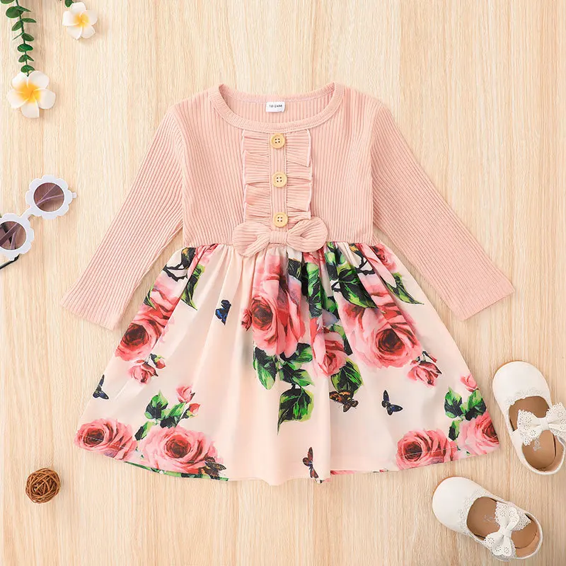 Outong-vestido de Oto&ntilde;o de manga larga para ni&ntilde;os, ropa informal con volantes y estampado de flores para beb&eacute;s de 1 a 6 a&ntilde;os-1