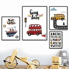 Алфавит, школьный автобус, автомобиль, лодка, вертолет, настенная Картина на холсте, скандинавские плакаты и принты, настенные картины, декор для детской комнаты