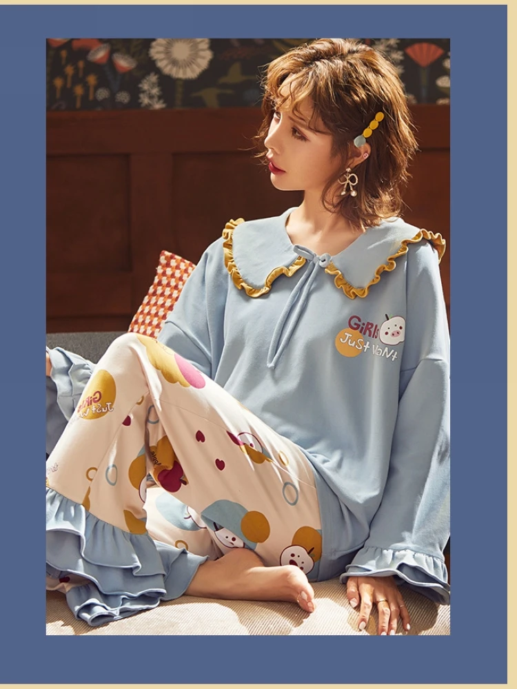 

Autumn and spring long-sleeved knitted cotton pajamas women's pullover bow doll collar