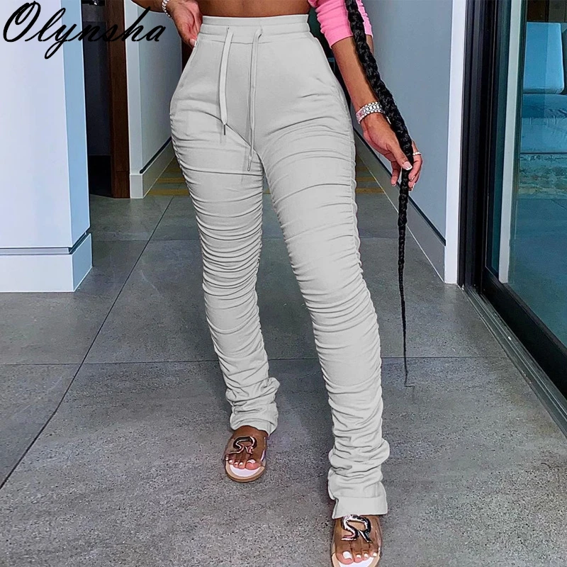 

Casual Elast Waist Stacked Pants Woman Ruched Sweatpant 2020 Autumn Skinny Long Pants Stretchy Fitness Bikers Joggers Women
