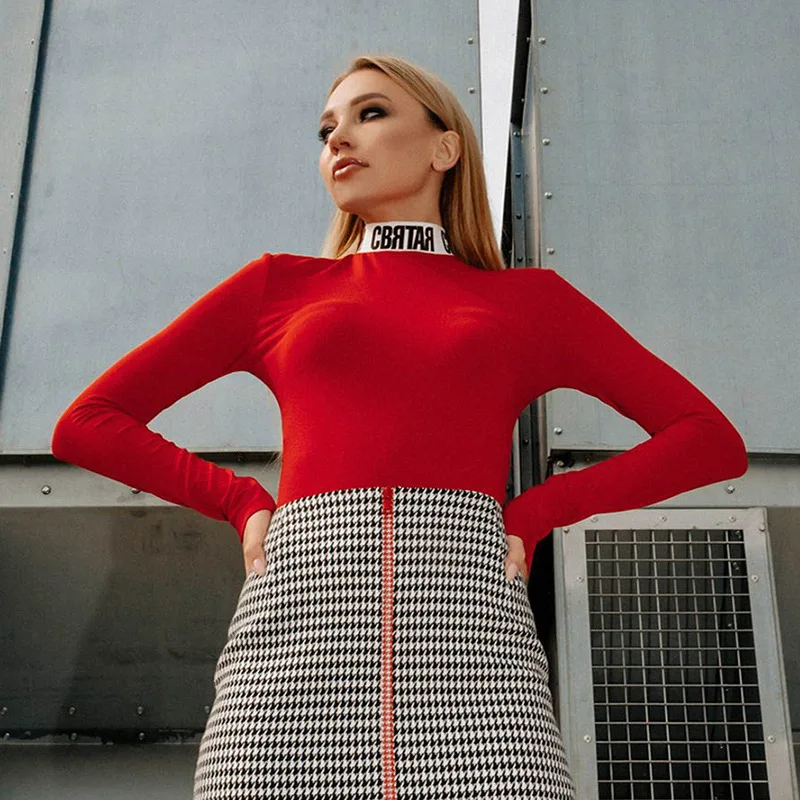 2021 Women Sexy Bodycon Bodysuit Long Sleeve Turtleneck Basic Black Red Overalls Body Top Slim Fit Fashion Solid | Женская одежда
