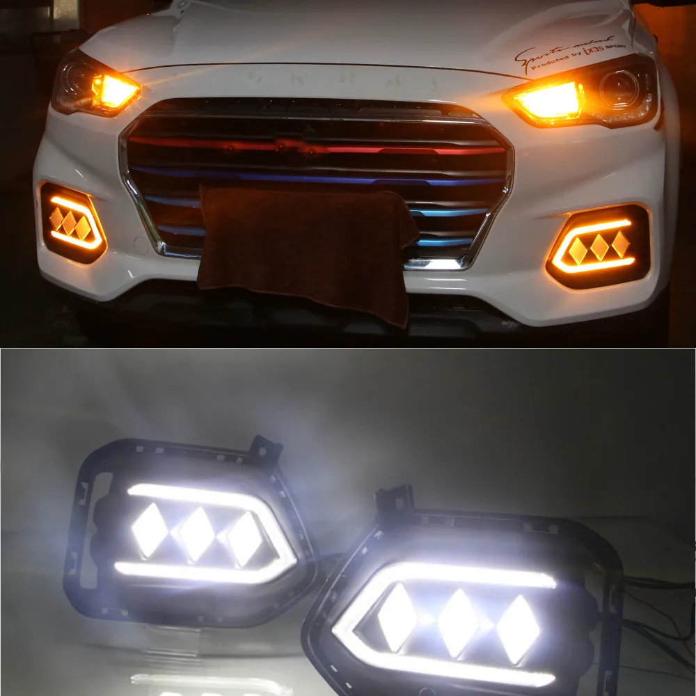 

1Pair LED For Hyundai IX35 2018 2019 Daytime Running Light Daylights 12V DRL LED Fog Lamp with yellow signal night blue