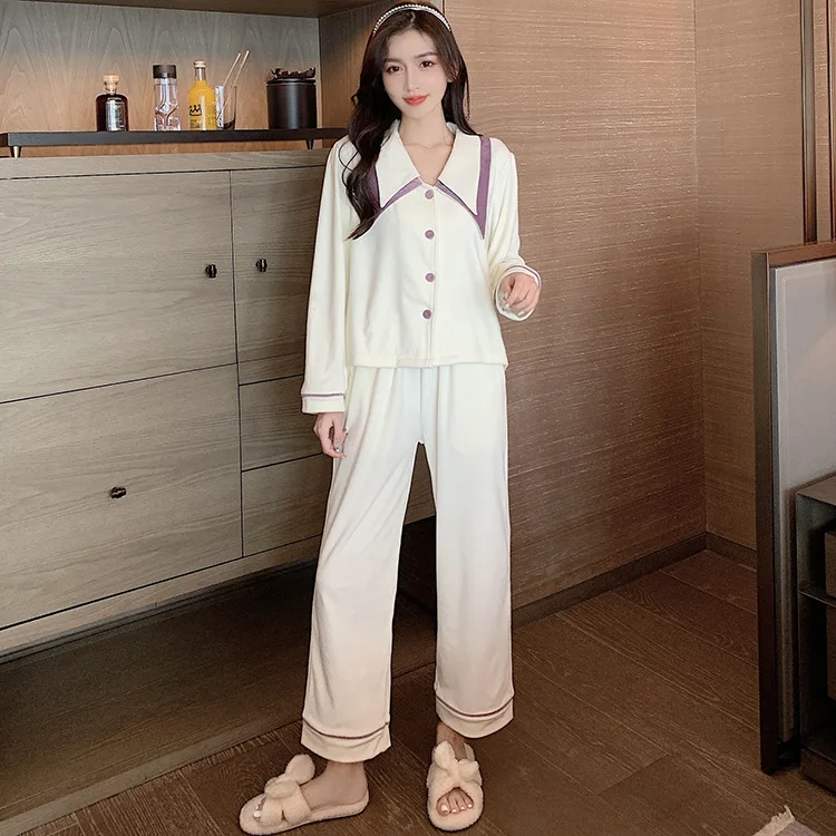 

Милый женский пижамный комплект с отложным воротником, женская одежда для сна из флиса на осень и зиму, пижамный комплект с длинным рукавом ...