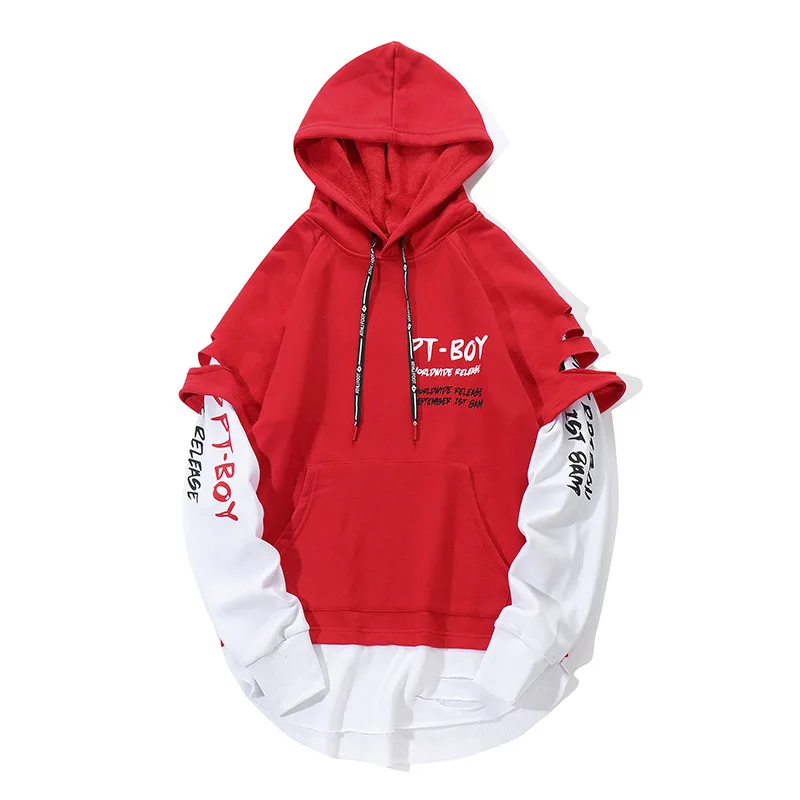red Мужские хип-хоп толстовки Модные удлиненные рваные толстовки с принтом поддельные две части пуловер Спортивная одежда для мужчин - Цвет: red
