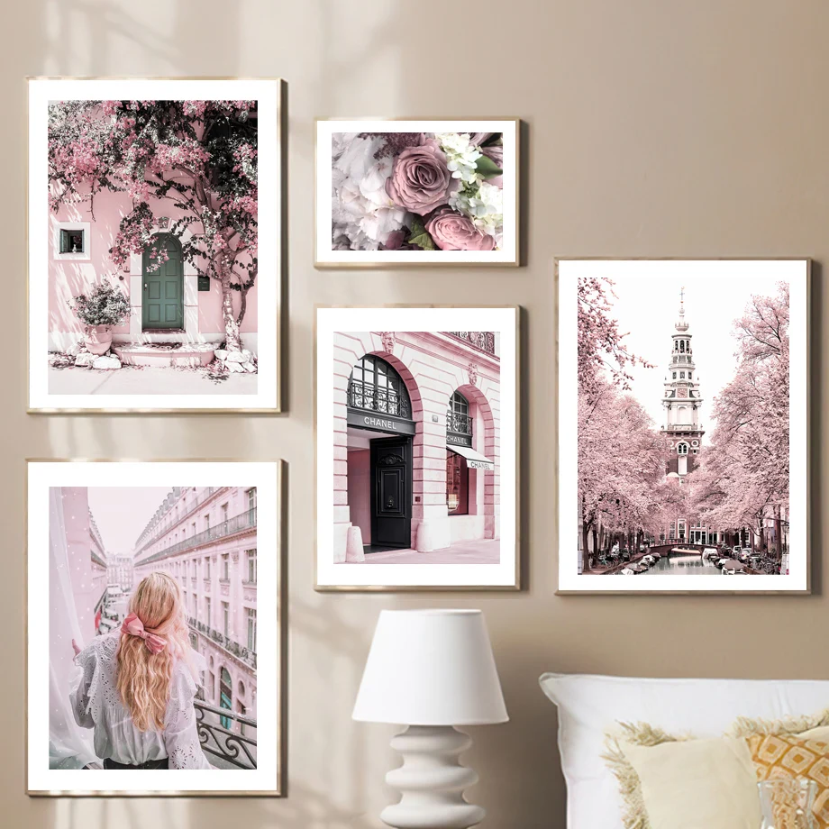 

Paris Cherry Rose Peony Flower Girl Street Wall Art Canvas Painting Nordic Posters And Prints Wall Picture For Living Room Decor