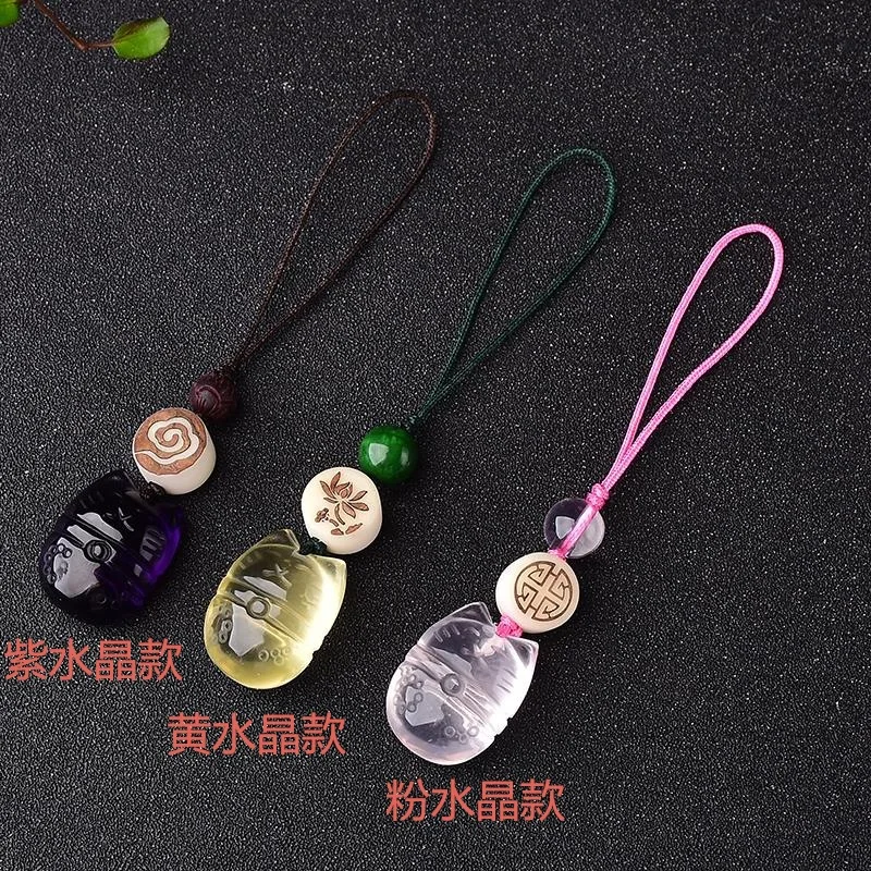 

Original DIY mobile phone chain natural citrine powder crystal cartoon cat mobile phone pendant key chain amethyst kitty pendant