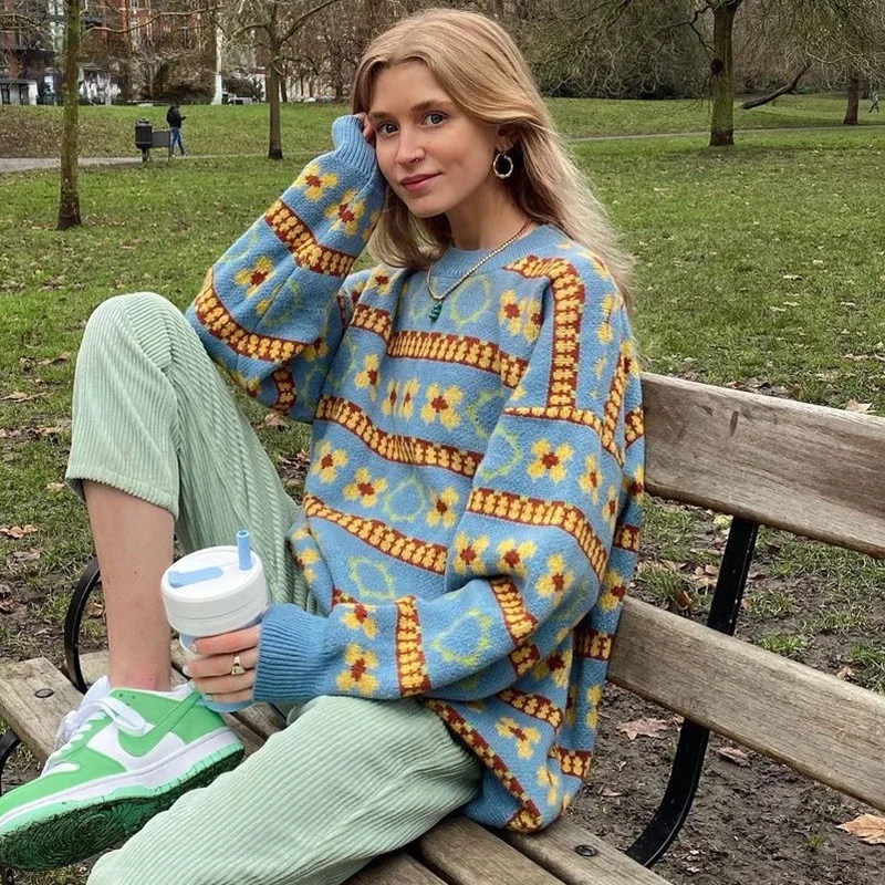 

Blue Oversized Sweater Women O Neck Casual Pullover Loose Floral Top 90s Fashion Knitted Sweaters Vintage Winter Streetwear 2021