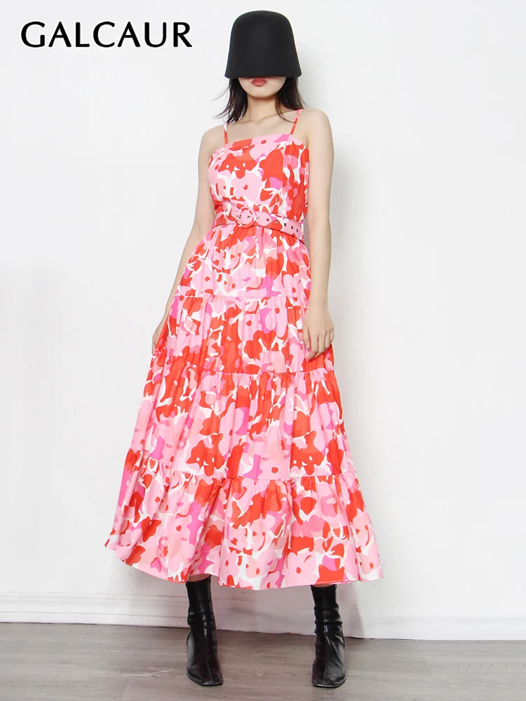 

GALCAUR Vintage Spaghetti Strap Dress For Women Square Collar Sleeveless Print Sashes Lace Up Midi Dresses Female 2022 Summer