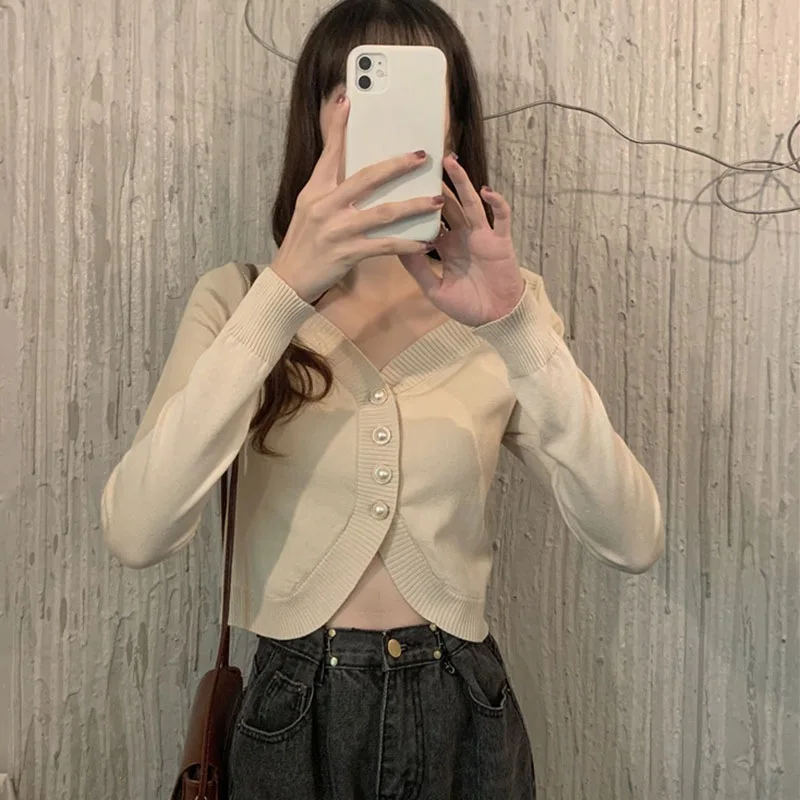 

Women's Square Collar Button Casual Sexy Navel Exposed Long-Sleeved Knitted