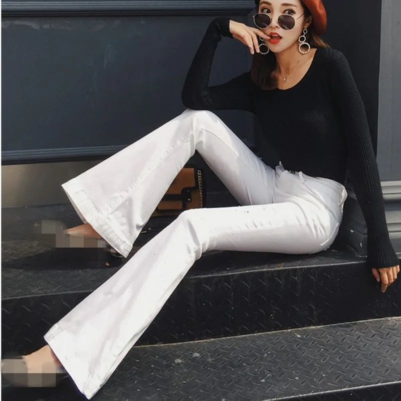 Streetwear White Ripped Hole Flare Jeans Women Spring 2020 High Waist Bell-Bottomed Pants Vintage Office Slim Denim Trousers