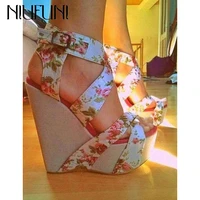 16cm mixed colors floral silk platform wedges sandals rattan weave peep toe hollow gladiator sexy women shoes cross strap buckle