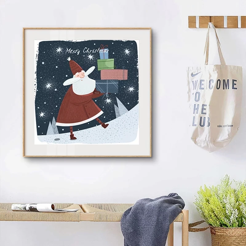 

Christmas Canvas Painting Poster Cartoon Santa Claus Wall Art Nordic Oil Painting Pictures For Living Room New Year Home Decor