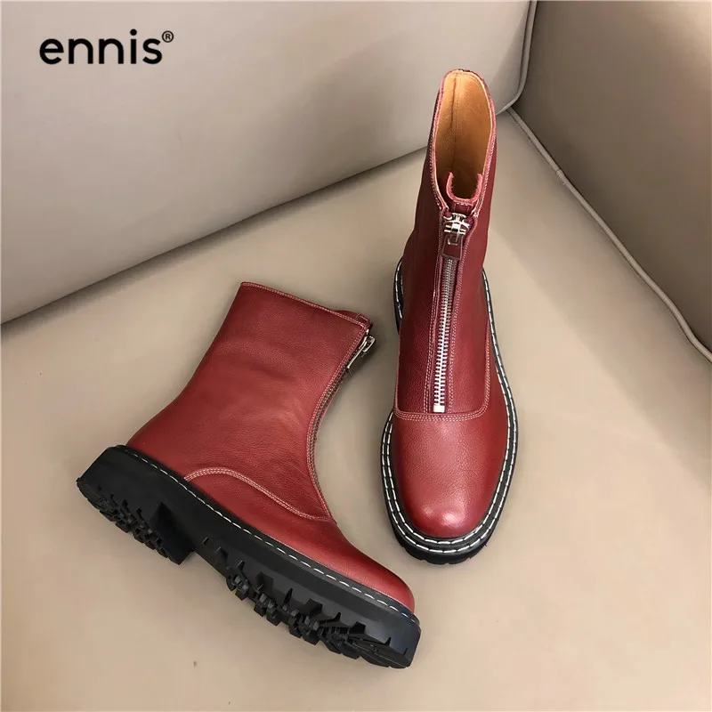 ENNIS/Брендовые женские ботинки на молнии спереди; женская обувь; ботильоны из натуральной кожи; ботинки на платформе; Цвет черный, бежевый, красный; A9236