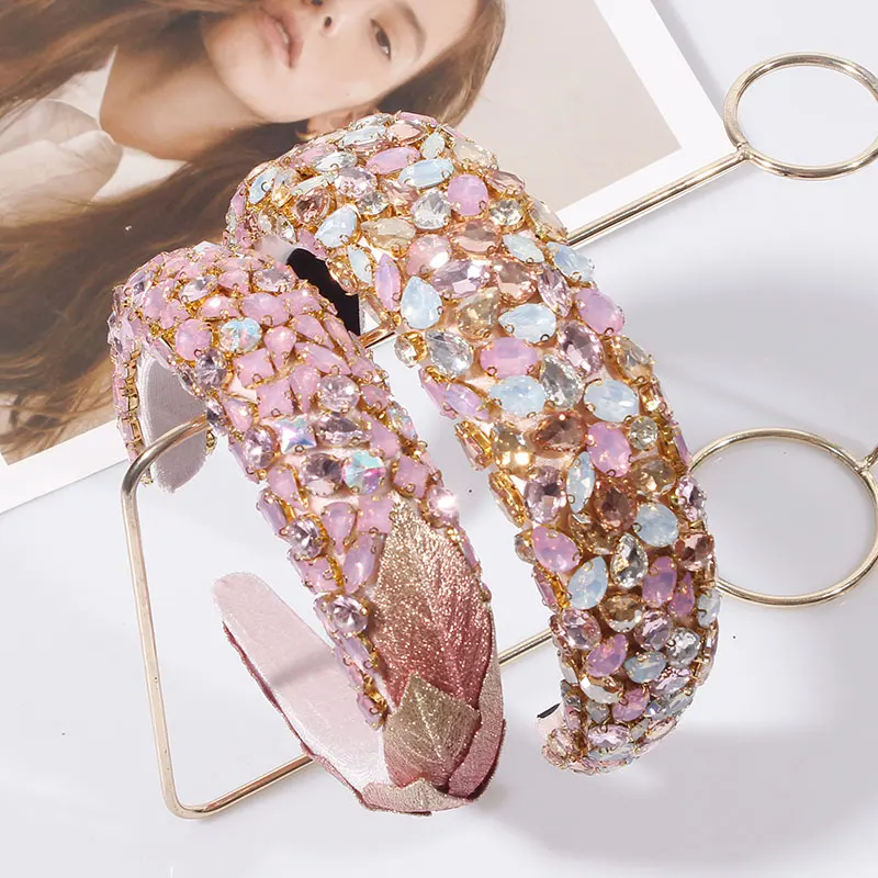 Luxury Full Diamond Pink Crystal Padded Hairbands For Women Handmade Baroque Tiara Headband Wedding Party Hair Accessories