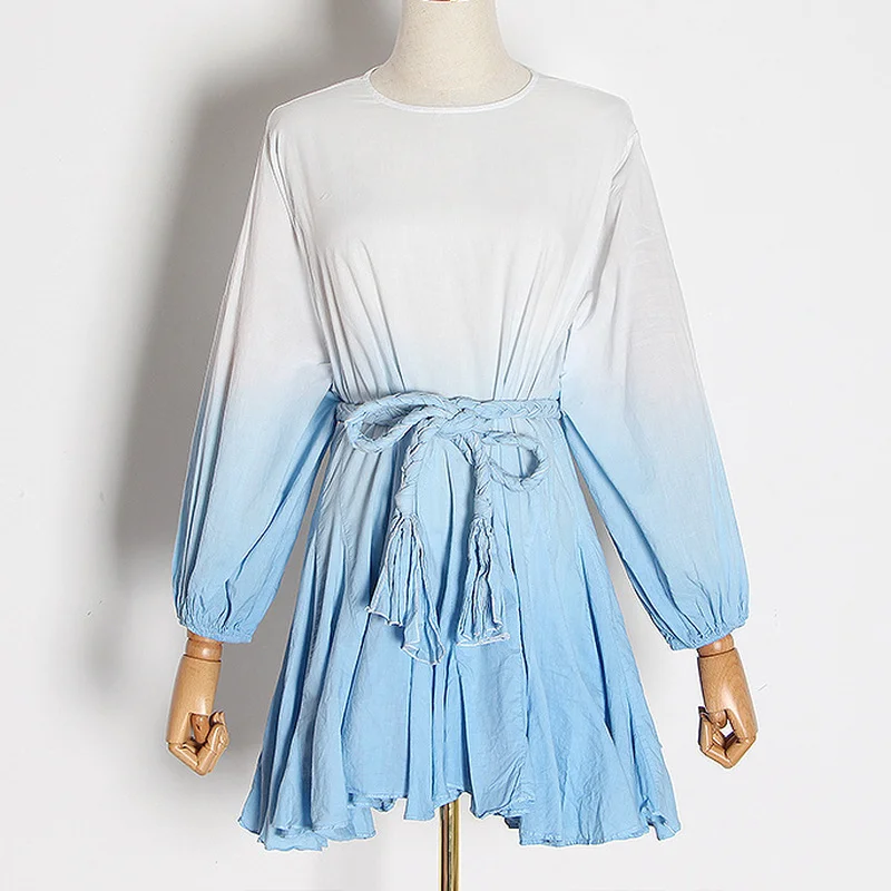 

Chic Fashion Lantern Sleeve Tie Dye Pleated Dresses Women 2021 New Silm High Waist Dress Loose Hit Color Vestido Feminino