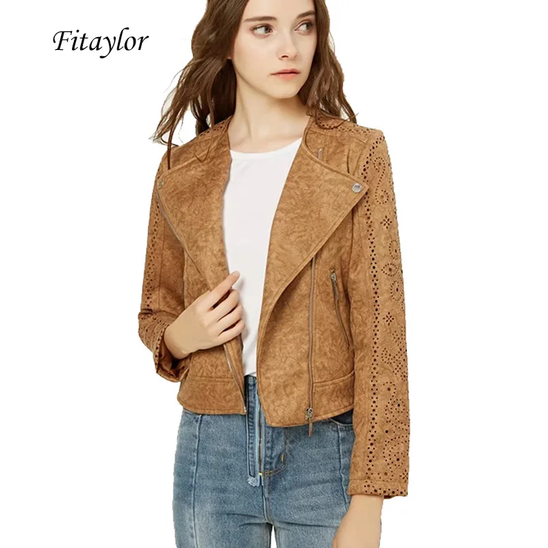 Fitaylor Женская замшевая кожаная куртка винтажное панк кожаное пальто с выемками