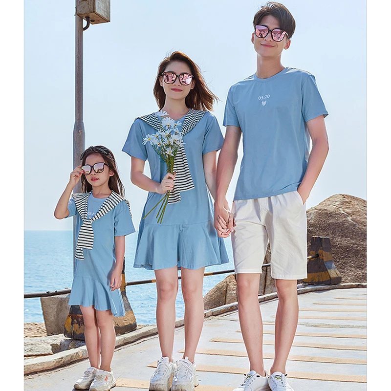 

New Summer Mom and Daughter Matching Clothes Boy Print T-shirt Knee Dress Elastic Band Shorts Mom and Daughter Matching Clothes