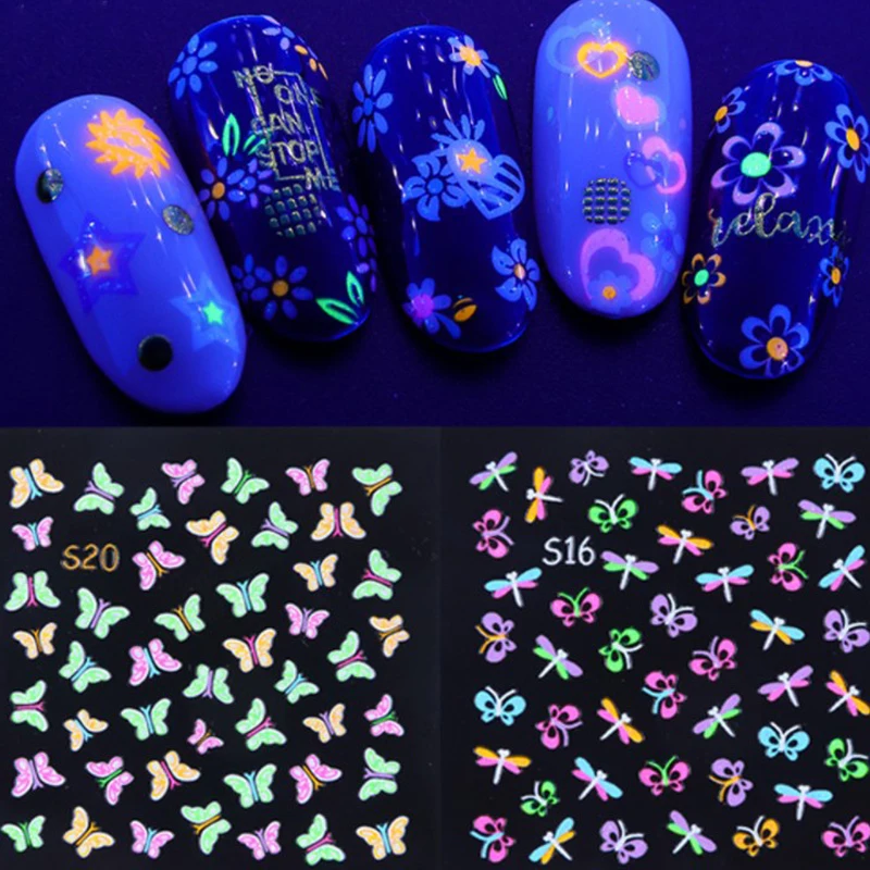 

3 набора 24 шт./компл. светящиеся красочные бабочки 3D наклейки для ногтей акриловый дизайн DIY цветок слайдер клейкая наклейка