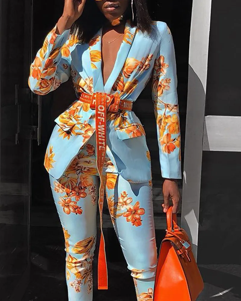 

Floral Print Pants Set Women Autumn 2021 New Fashion Shawl Collar Flap Detail Blazer Pants Sets