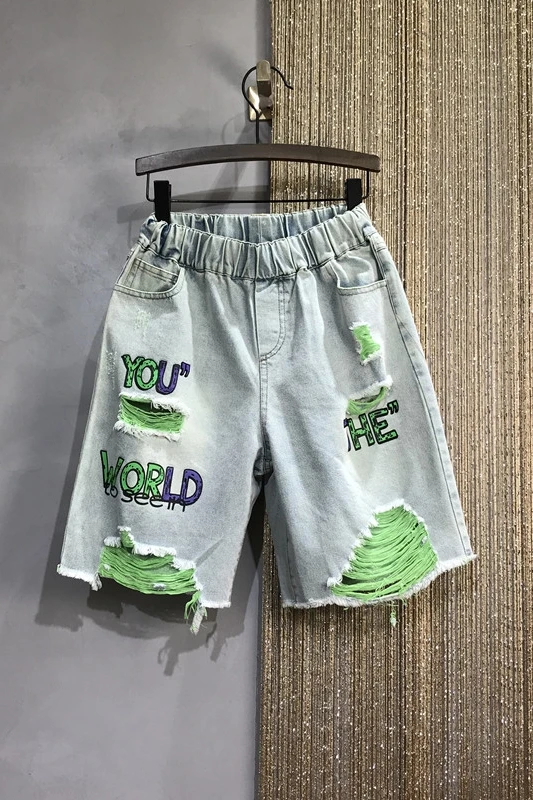 

Purple Holed Elastic Pants New High Waist Lady Beggar Jeans Cropped Pants for Women Loose Casual Straight Cotton Denim Jeans