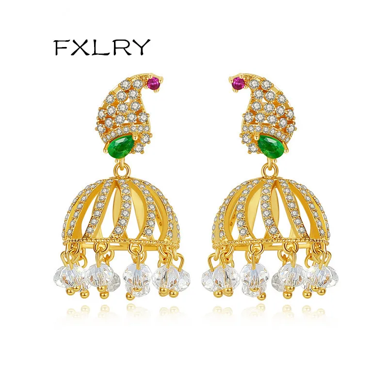 FXLRY Creative Gold color AAA Cubic Zirconia Drop EarringsVintage Big hollow bell Earrings for Women Wedding Party Bridal J