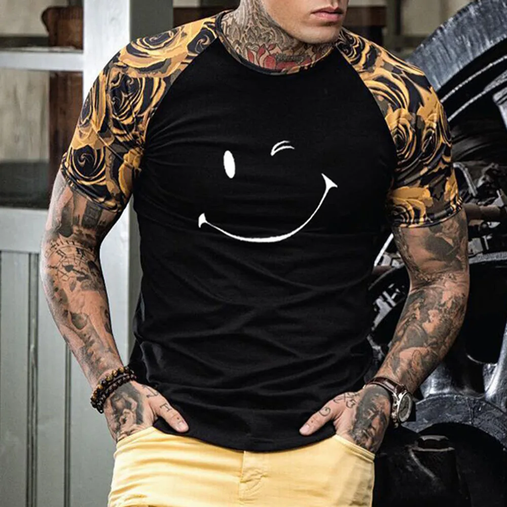 

Western Style New Men's Casual Round Neck Summer Digital Printing Splicing T-shirt Summer 2021 Fashion Loose Simple