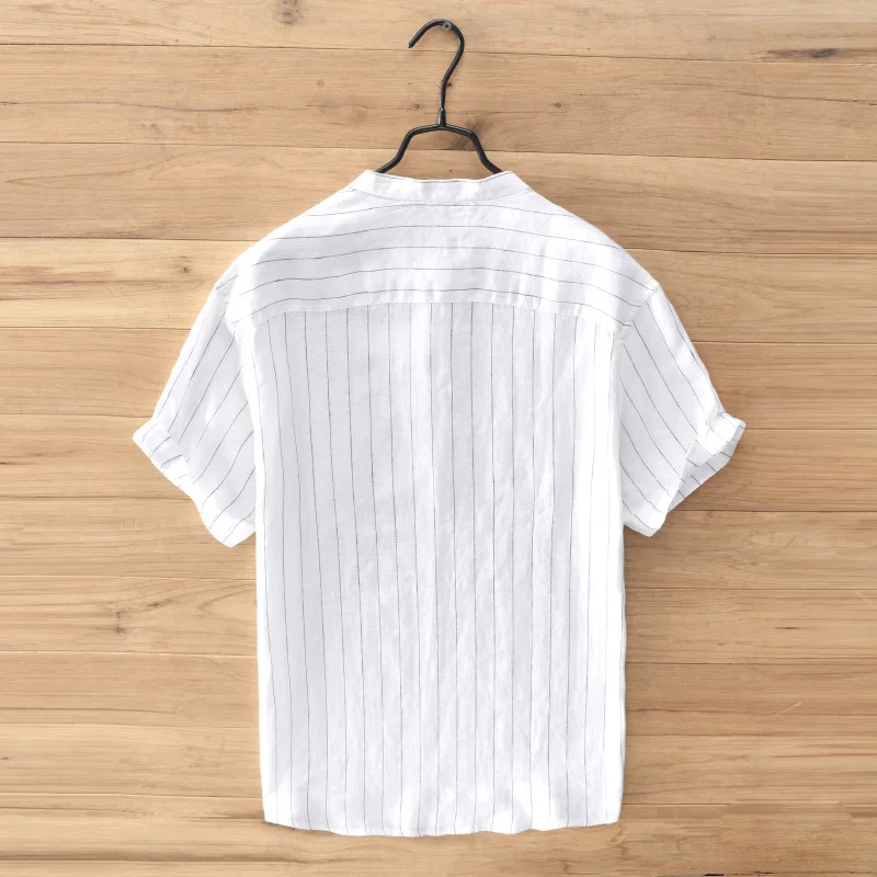 Воротник стойка 2020 Короткий Мужской рукав чистый лен Полосатый Белый Серый