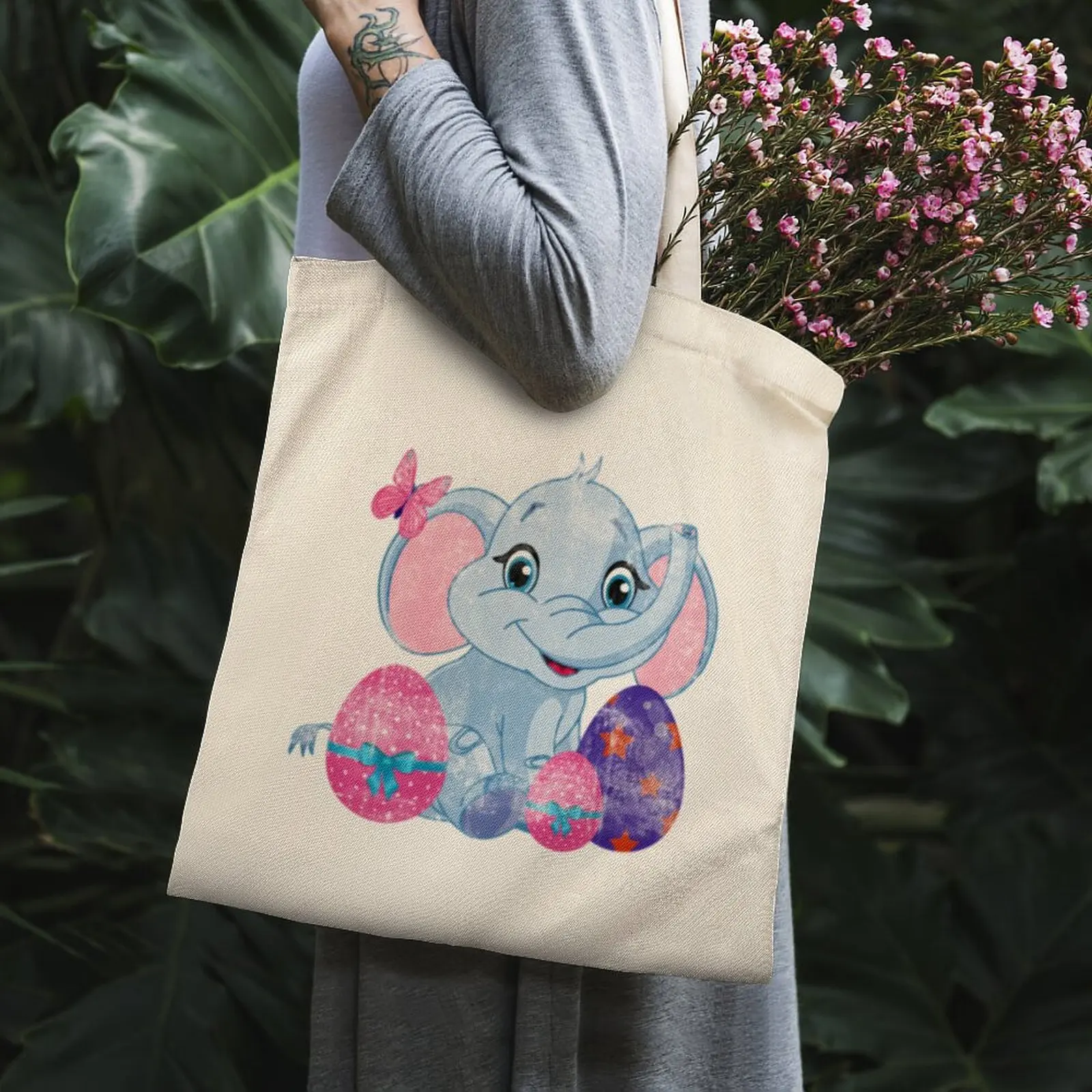

Easter Elephant Easter Eggs Happy Easter Gift Tote Bag White Shoulder Bag Kawaii Travel Custom Logo