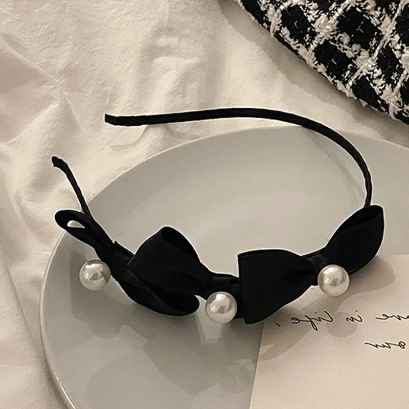 

1PC Sweet Black Small Bow Hair Hoop Women Elegant Thin Head Hoop Retro Pearl Bow Headbands Super Fairy Hair Accessories