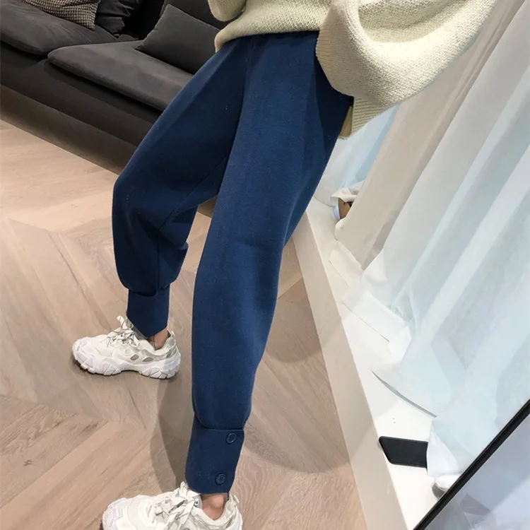 Женские вязаные шаровары SURMIITRO черные синие длинные брюки до щиколотки с высокой