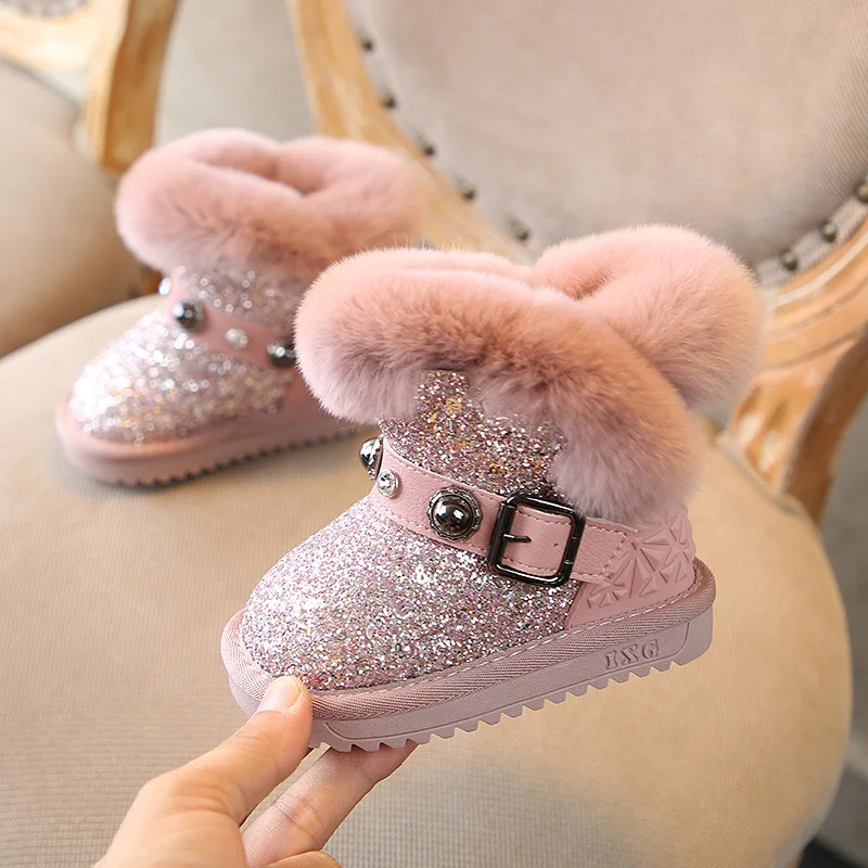 Детские зимние сапоги на кроличьем меху модные с блестками для девочек хлопковые
