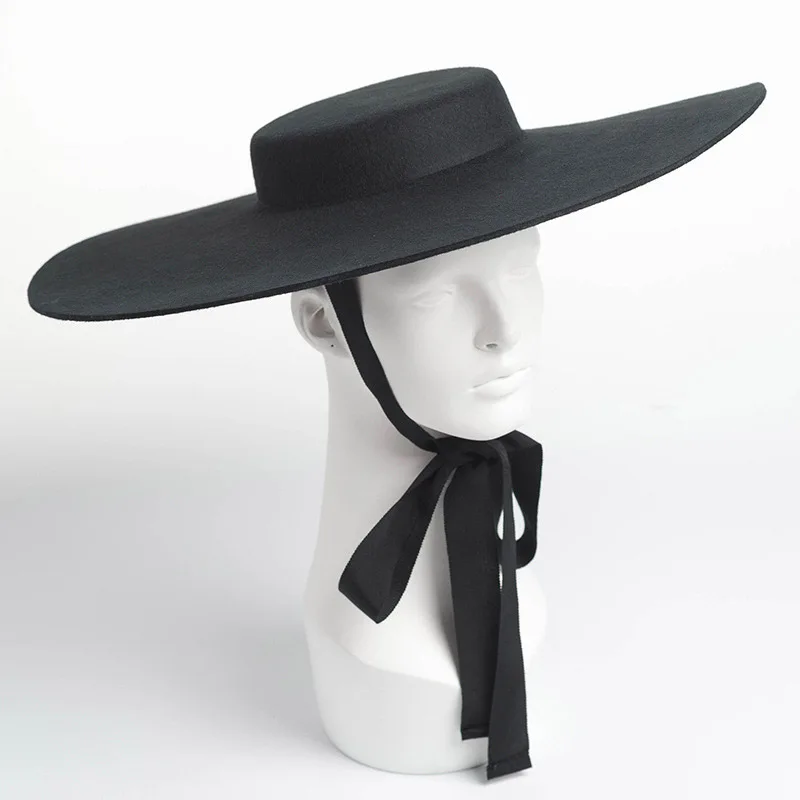 Elegant Black Coffee Ladies Big Brim Fedora Hat Ribbon Tie Women Winter Hats Australian Wool Felt Men Hat Party Church Derby Hat