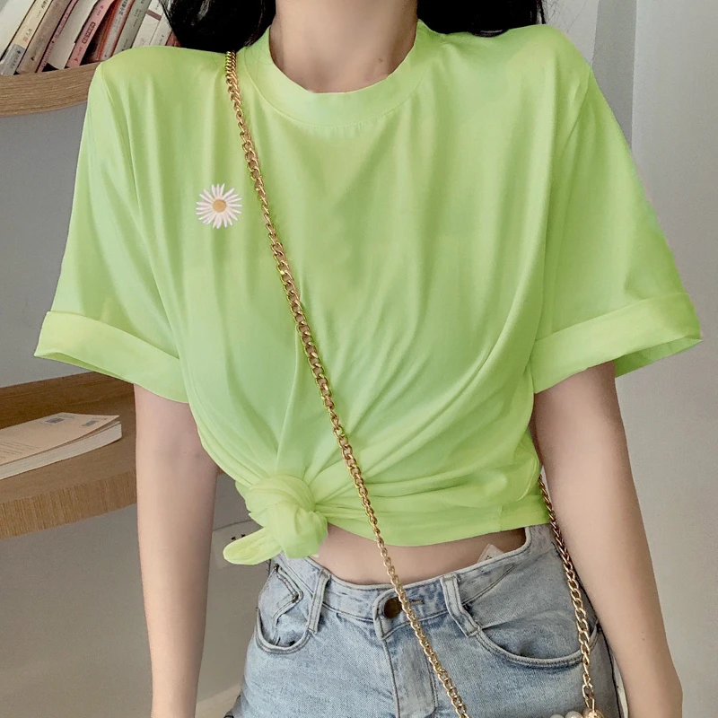 

Ropa Mujer 2020 Summer T Shirt Women Tops Korean Style Ulzzang Harajuku Little Daisy Printed Short Sleeve T-shirts Female Tees