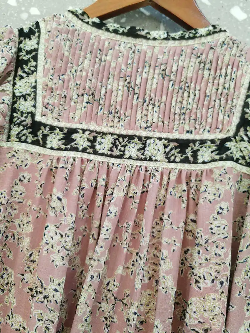 

Virginie Cotton Floral Printed Pleated Loose Short Mini Dress V-neck Long Sleeves Vintage BOHO Short dress