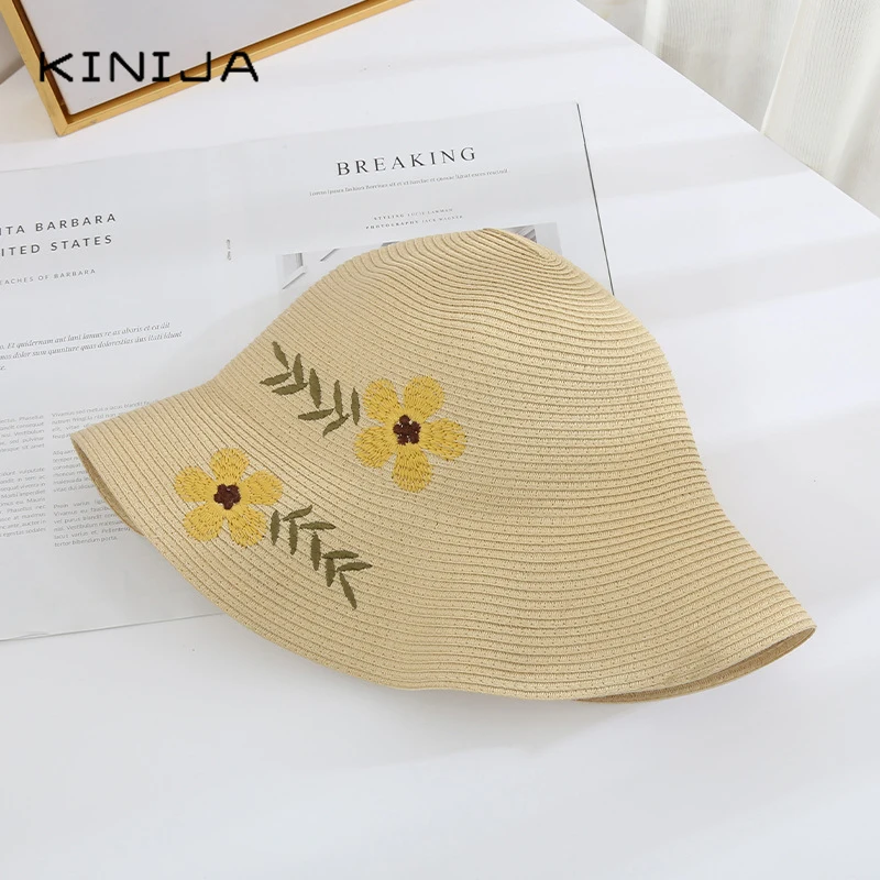 Женская соломенная шляпа с цветочной вышивкой Пляжная складная от солнца УФ