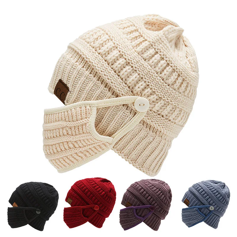 

Hat Mask 2-set Fashion Men's and Women's Winter Warm Thickened Knitted Hat 2021 New Woolen Cap Disposable Mask Fixed Buckle