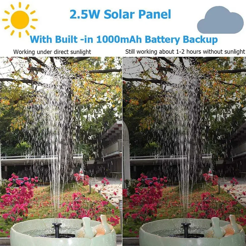 

Solar Fountain Pump 2.5W Circle Floating Solar Water Fountains Pump Built-in Battery Backup with 6 Nozzles