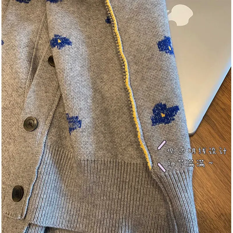 

Blue gray with big cardigan long sweater autumn and winter blue flower embroidery single-breasted v-neck knit coat women