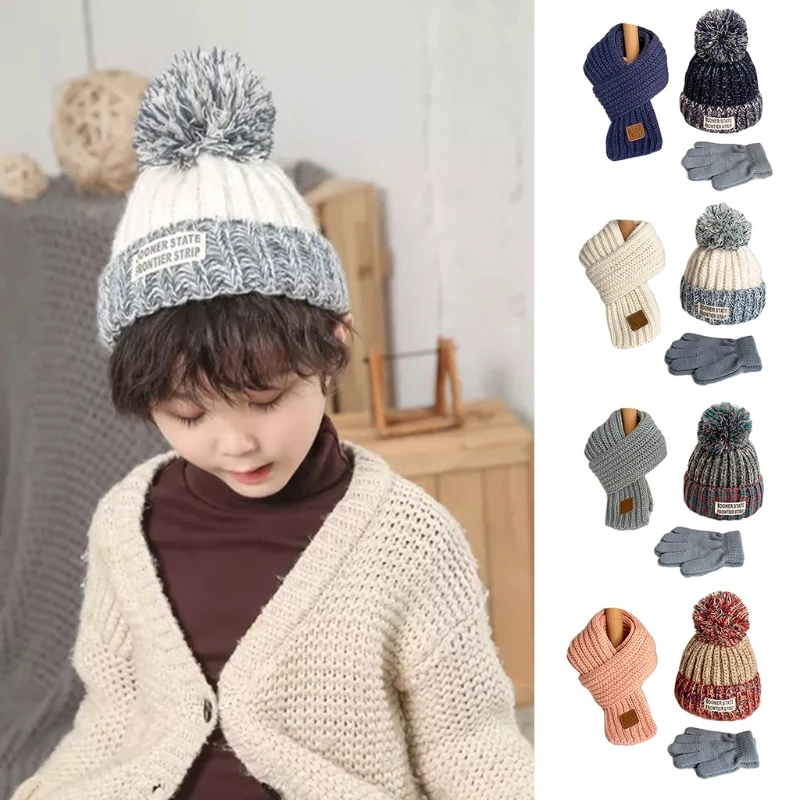 

Children Kids Winter 3Pcs Cable Knit Beanie Hat Circle Scarf Set Cute Pompom Contrast Colo Cap Ski Neck Warmer 4-12 Years Old