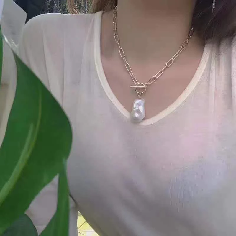 

18''18K Gold Plated 20MM White Keshi Pearl Chain Necklace CZ Pendant