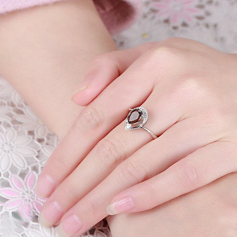 

HELON Solid 14K White Gold AU585 Flawless Pear Cut 8x6mm Smokey Quartz Real Diamonds Engagement Ring Women Fine Jewelry Ring