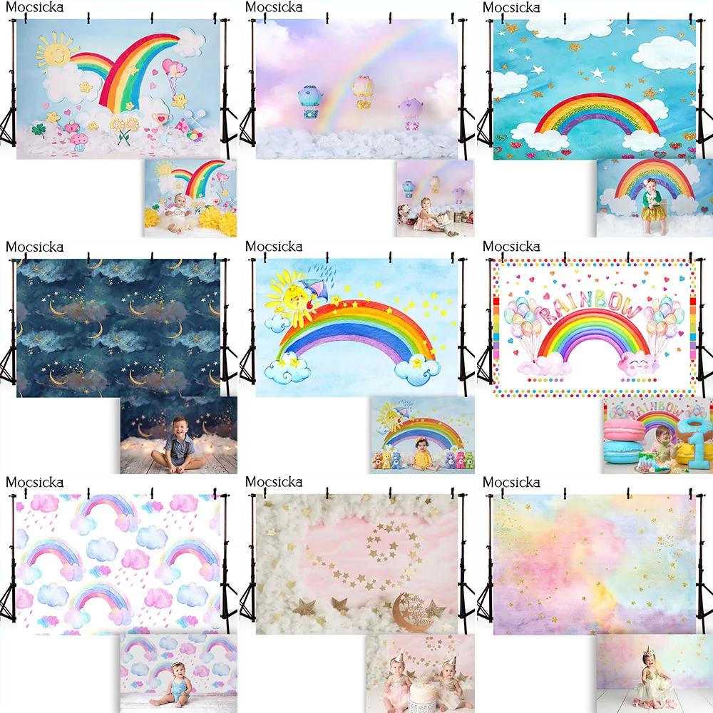 

Rainbow Birthday Backdrop for Photography Newborn Kids Portrait Cake Smash Background for Photo Studio Photocall Blue Sky Clouds