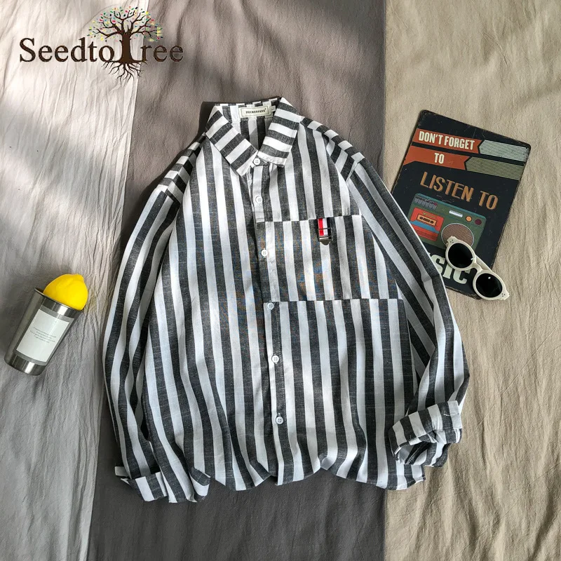 

Loose Fashion Striped Long Sleeve Men's Shirt Casual Lapel Men's Top Couple Outfit